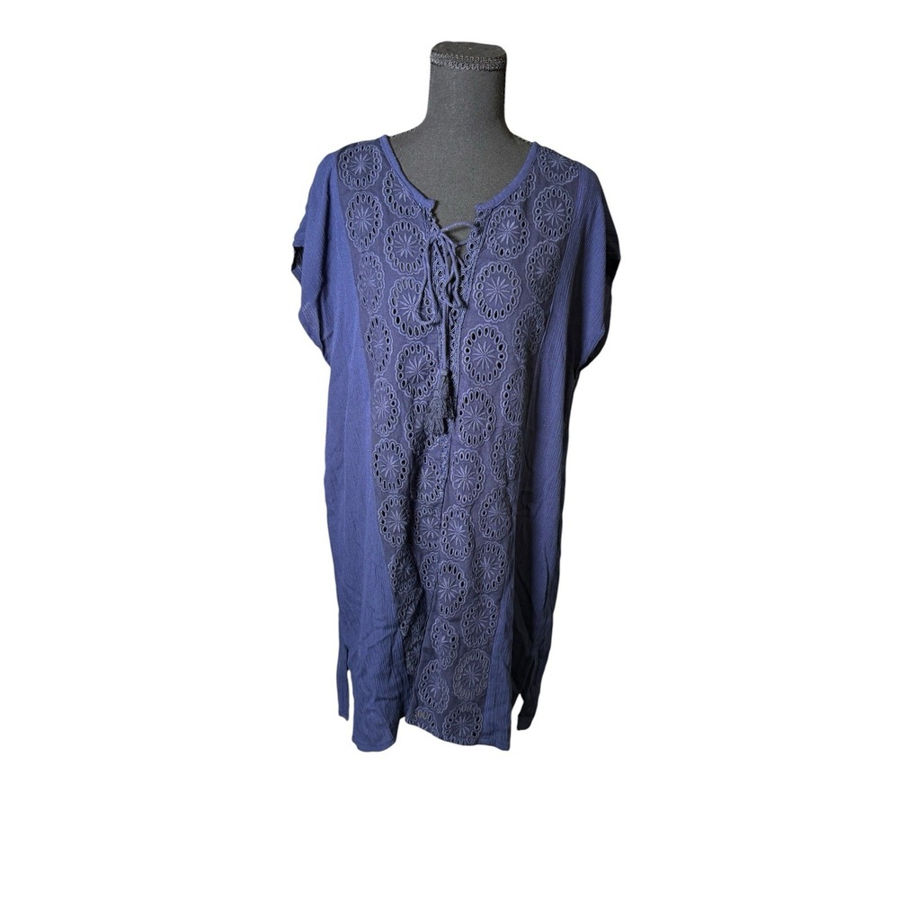Boho Me Tunic Dress Womens Large Navy Blue New Eyelet Embroidered Tassel Boho